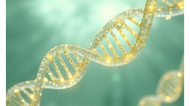 DNAの螺旋構造と肌細胞が美しく融合した科学的なイメージ、エピジェネティクスの活性化プロセスを示唆する光のエフェクト